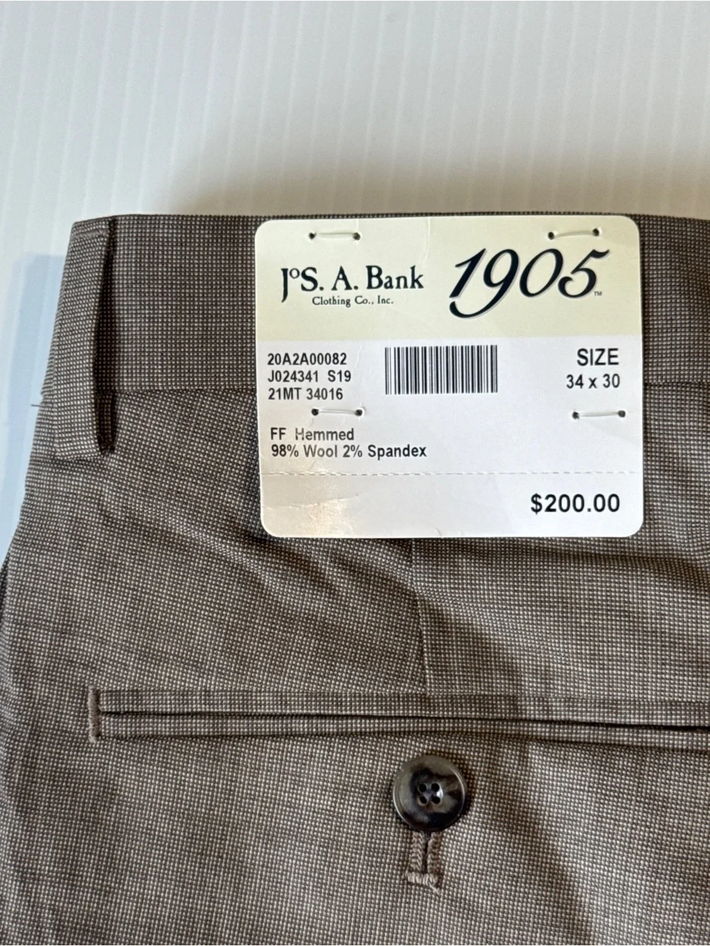 NWT Jos A Bank 1905 brrr Comfort Wool Dress Pants 34x30 Tailored Fit Taupe Tan